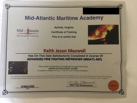 Advanced Fire Fighting Refresher, May 2020 certificate