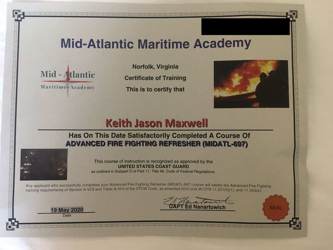 Advanced Fire Fighting Refresher, May 2020 certificate