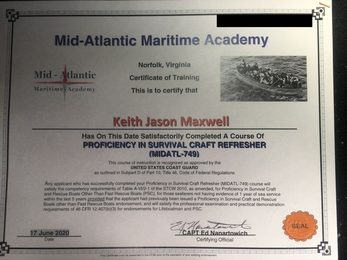 Proficiency in Survival Craft Refresher, June 2020 certificate